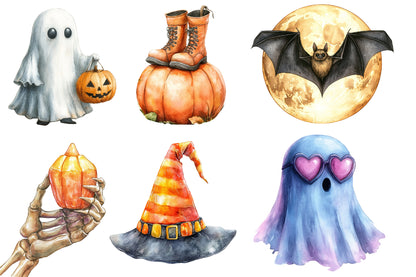 Halloween Designs Clipart PNG | Cute Ghost, Black Cat, Bat, Witch Hat & Pumpkin Clipart