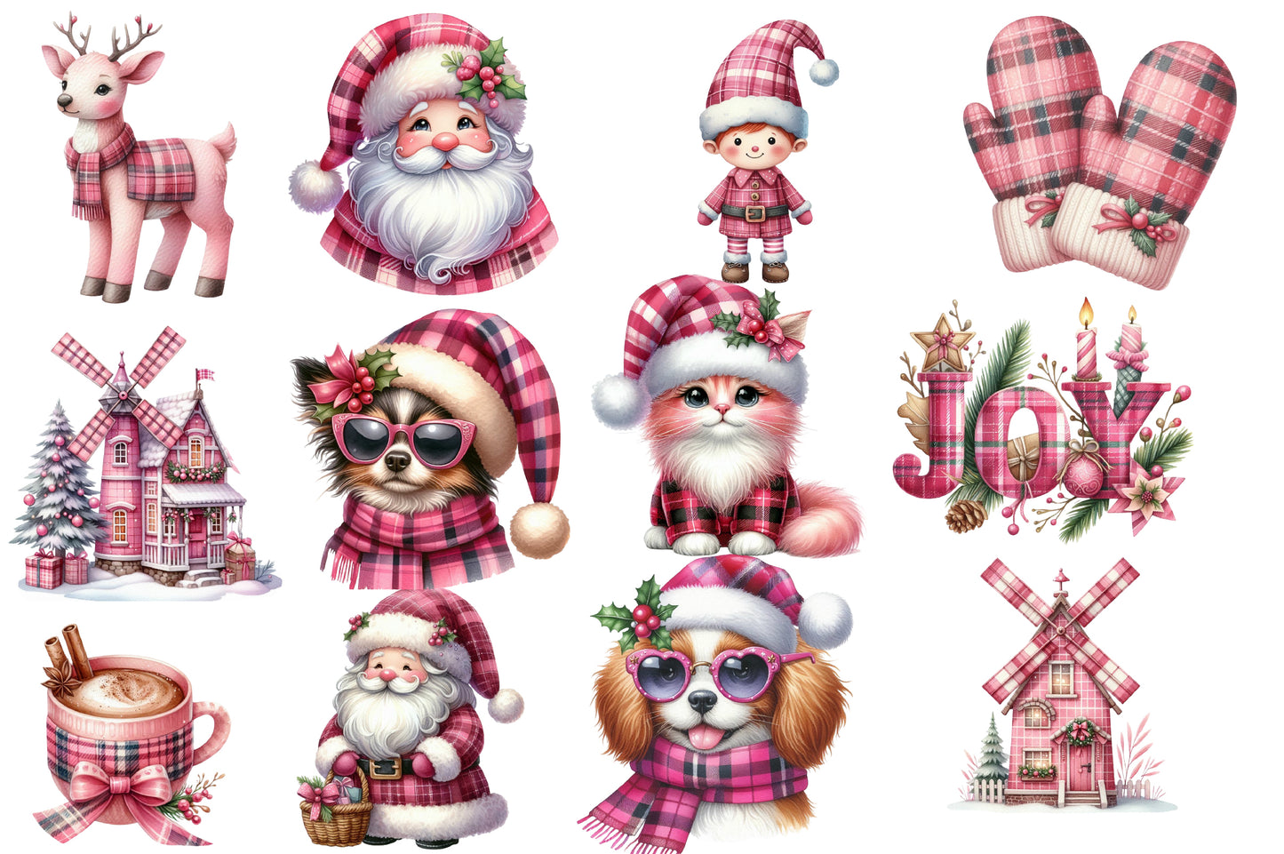 Pink Plaid Christmas Watercolor Clipart PNG Bundle | Cute Pink Tartan Christmas Clipart | Pink Christmas Sublimation PNG