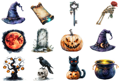 Dark Halloween PNG Bundle | Gothic Halloween Clipart, Black Cat, Skull, Haunted House, Pumpkin & Witch PNG
