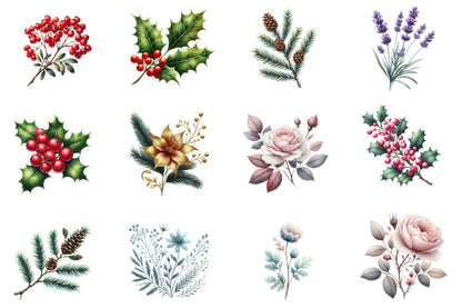 Christmas Wildflowers Clipart PNG Bundle | Watercolor Christmas Wildflower Clipart | Festive Floral Holiday Sublimation PNG