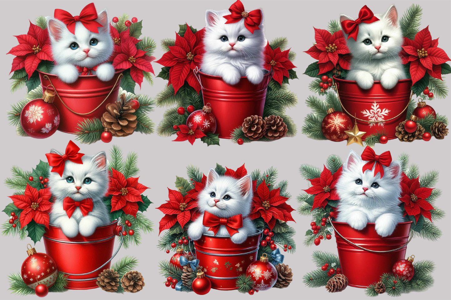 Watercolor Christmas Cat in Bucket PNG Bundle | Cute Christmas Cat Clipart | Poinsettia & Holiday Cat Sublimation