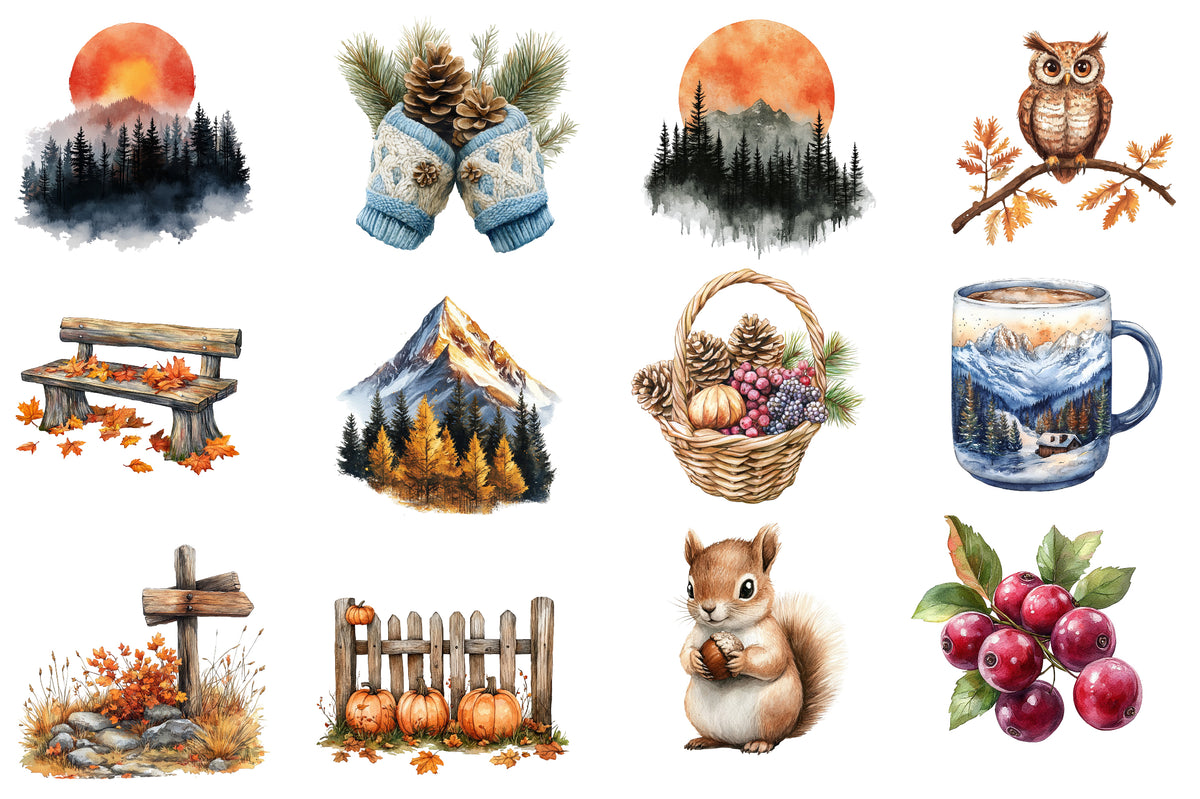Watercolor Alpine Autumn Clipart PNG Bundle | Mountain Fall Landscape, Cozy Cabin, Pine Trees, Deer & Autumn Forest PNG