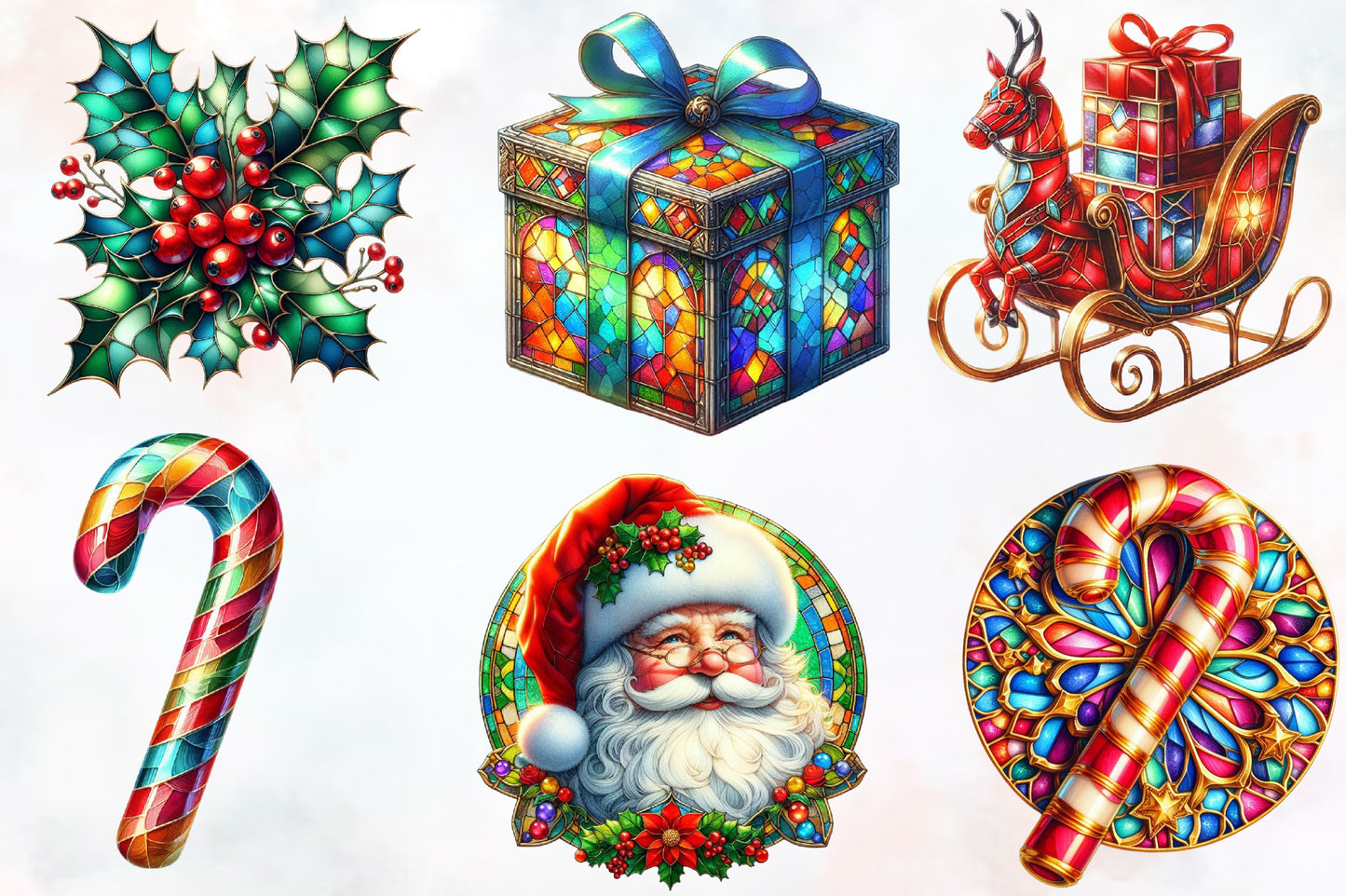 Stained Glass Christmas PNG Bundle 18 Watercolor Holiday Clipart