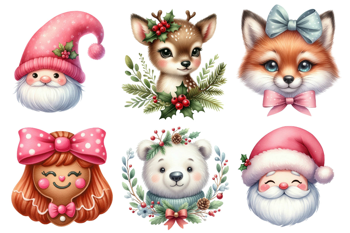 Cute Christmas Heads Clipart PNG Bundle | Santa, Snowman, Reindeer, Fox, Penguin, Deer, Bear & Gingerbread Holiday Characters