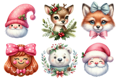 Cute Christmas Heads Clipart PNG Bundle | Santa, Snowman, Reindeer, Fox, Penguin, Deer, Bear & Gingerbread Holiday Characters