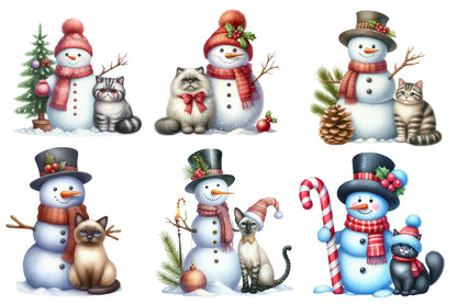 Christmas Snowman with Cats Sublimation PNG Bundle | Cute Watercolor Snowman & Cat Christmas Clipart | Winter Holiday PNG
