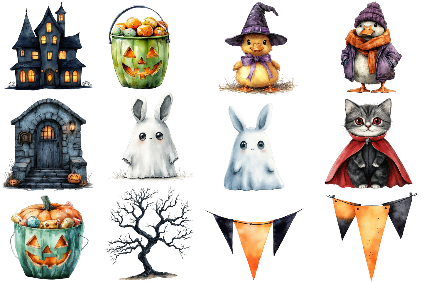 Cute Halloween Clipart PNG Bundle | Halloween Watercolor Clipart, Spooky Cute PNG