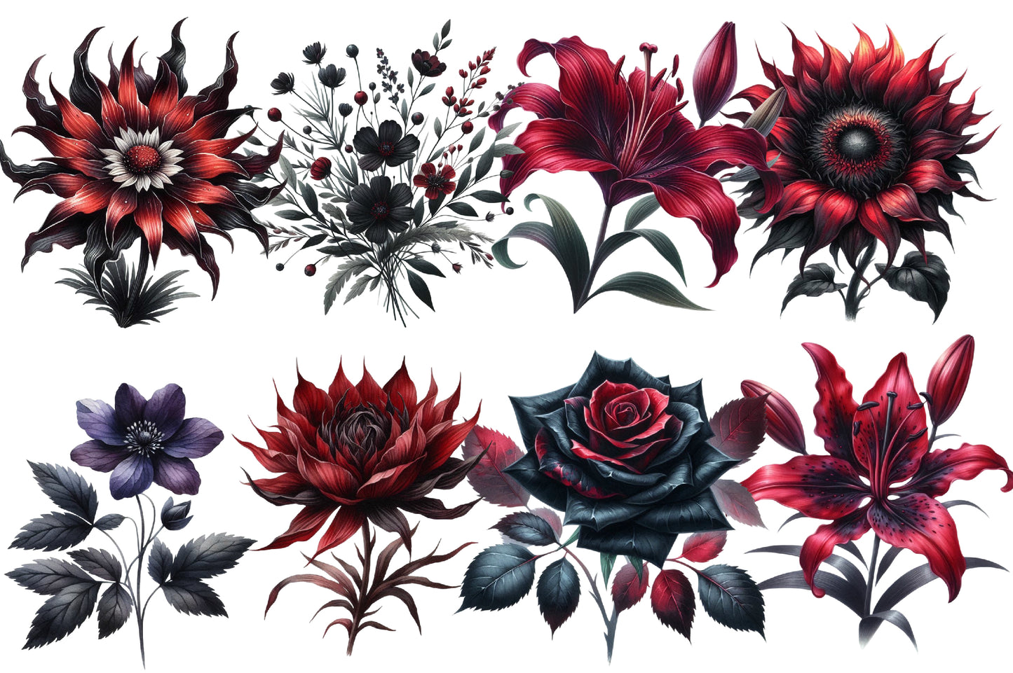 Halloween Wildflowers Clipart PNG Bundle | Gothic Flowers PNG, Dark Floral Clipart, Halloween Flower Sublimation,