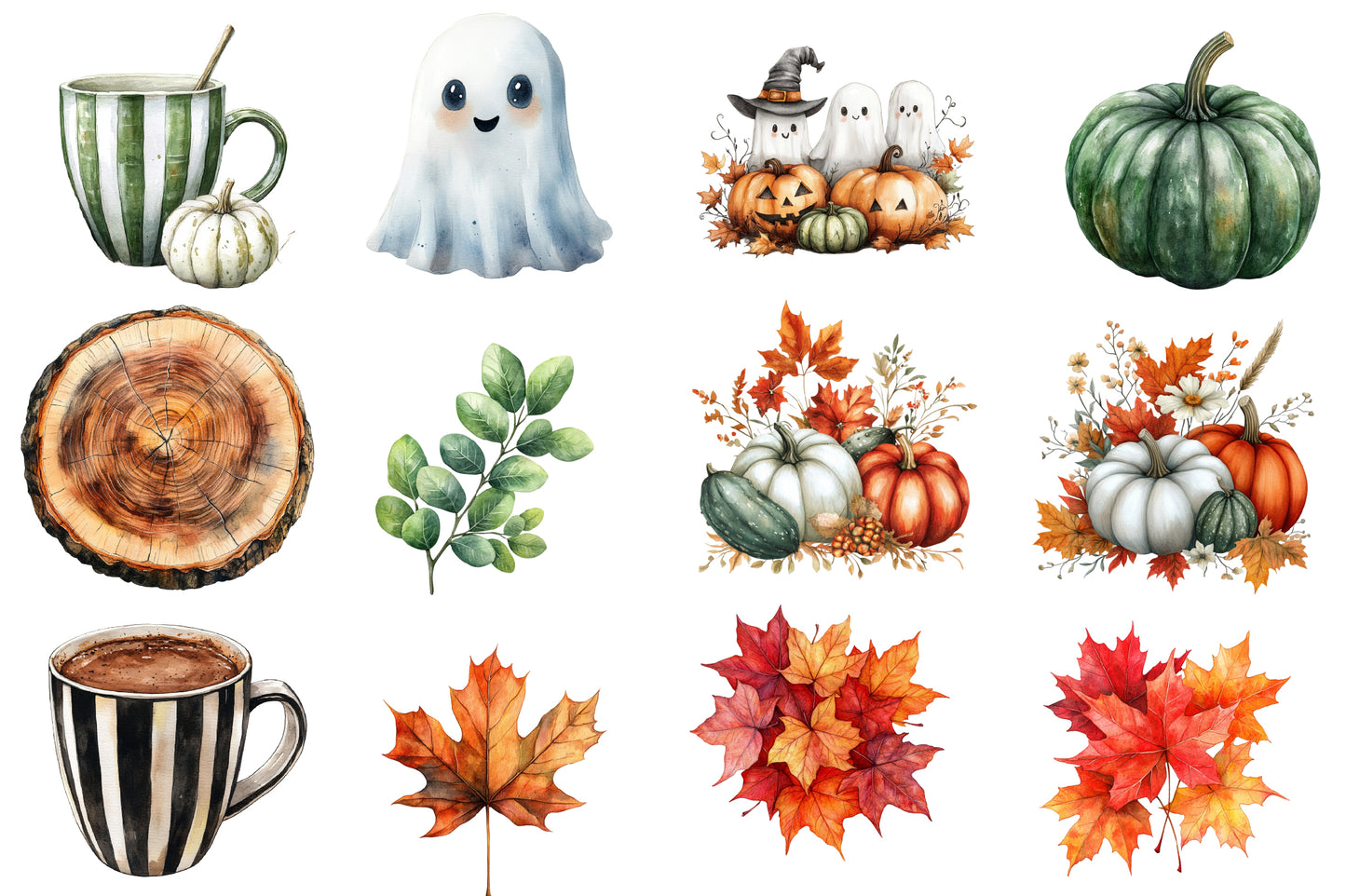 Cozy Halloween Watercolor Clipart PNG Bundle | Cute Halloween Clipart, Fall Pumpkin PNG