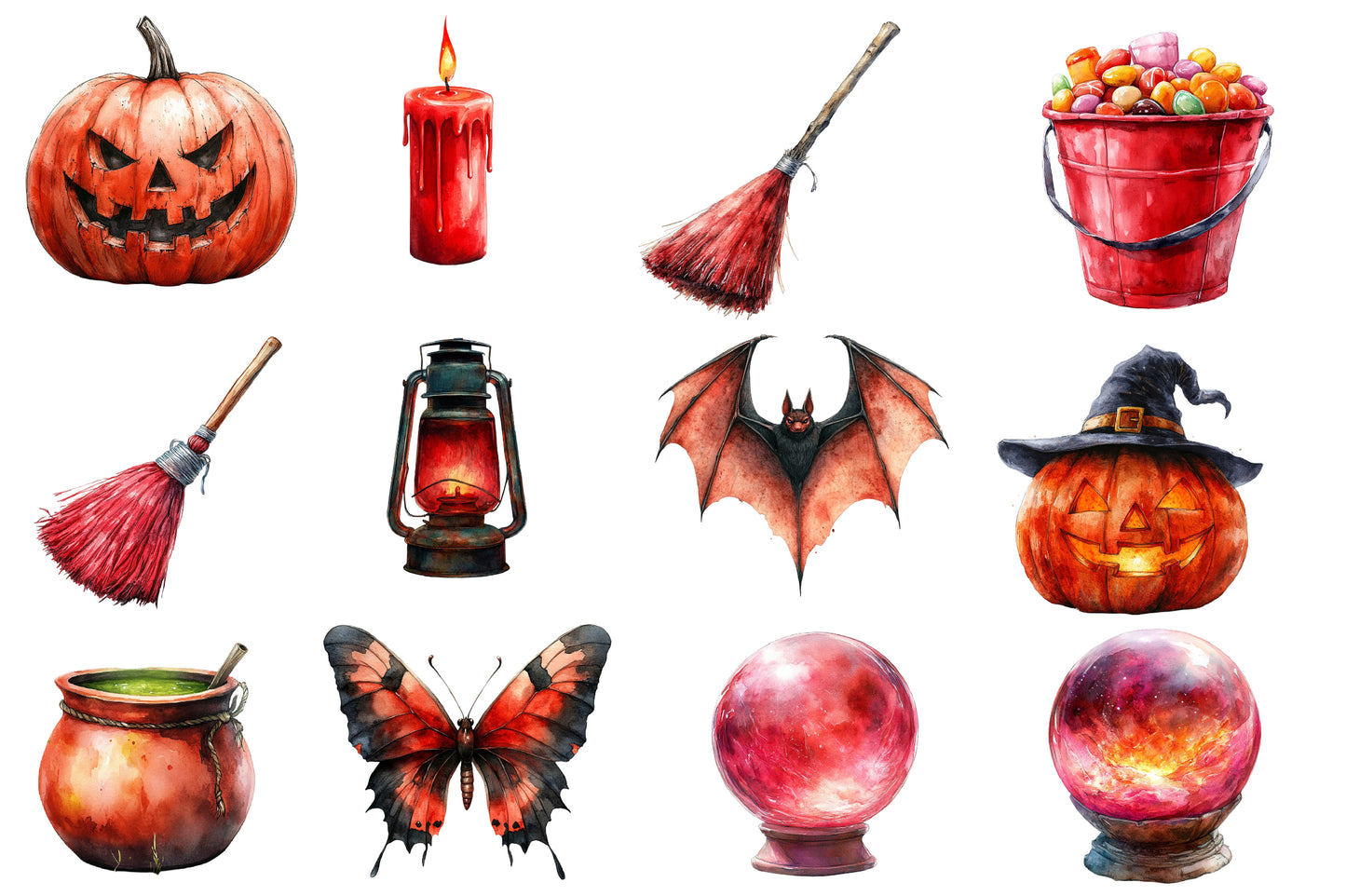 Red Halloween Watercolor Clipart PNG Bundle | Red Halloween Clipart | Red Halloween Sublimation PNG