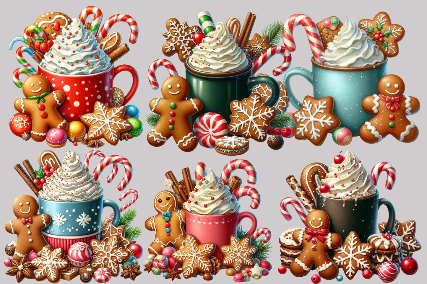 Watercolor Christmas Hot Chocolate Clipart PNG Bundle | Gingerbread & Candy Cane Cocoa Designs