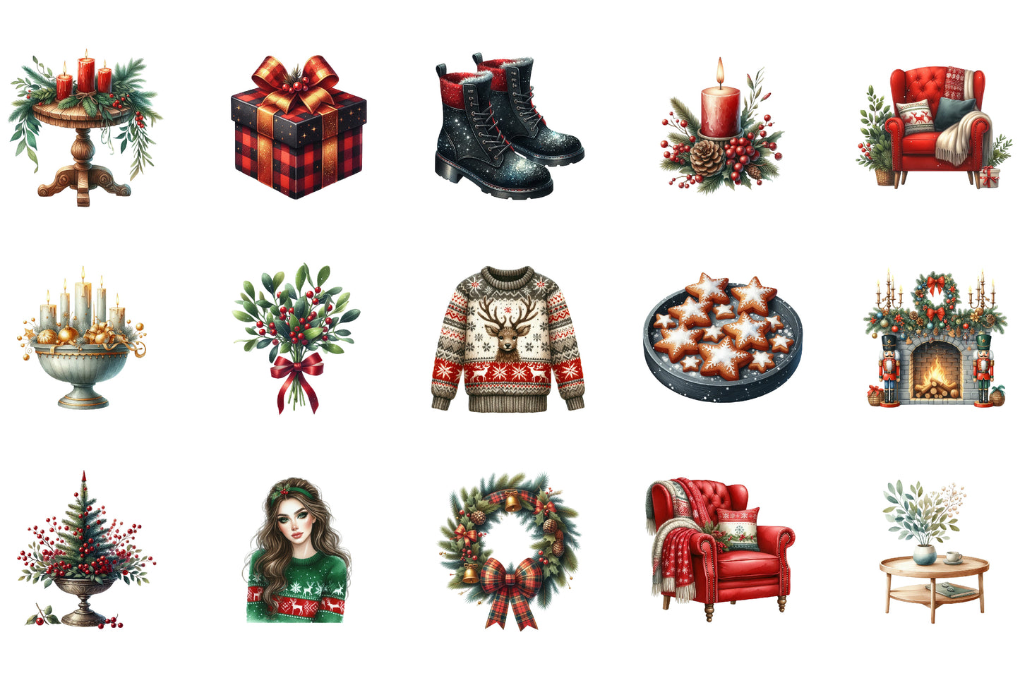 Christmas Clipart PNG Bundle | Winter Holiday Watercolor Graphics | Christmas Sublimation