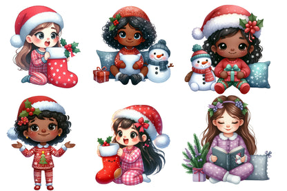 Christmas Quirky Girl Watercolor Clipart PNG Bundle | Cute Christmas Girl PNG | Holiday Girl Sublimation