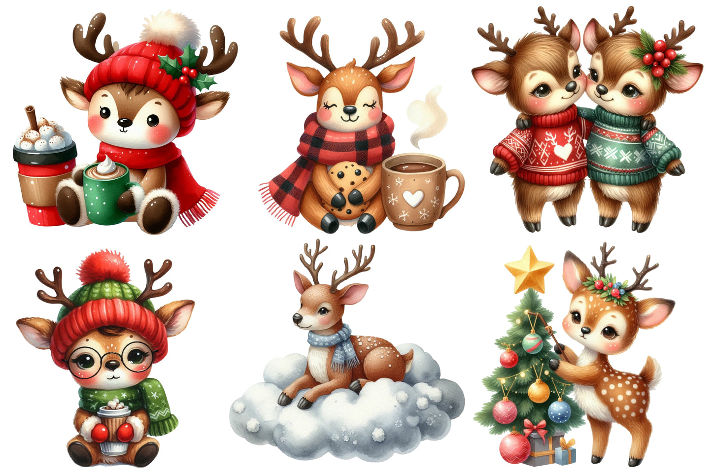 Christmas Reindeer PNG Clipart Bundle | Watercolor Cute Christmas Reindeer Clipart | Festive Holiday Animal Sublimation PNG