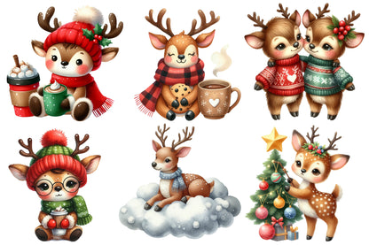 Christmas Reindeer PNG Clipart Bundle | Watercolor Cute Christmas Reindeer Clipart | Festive Holiday Animal Sublimation PNG