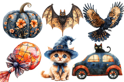Whimsy Halloween Clipart PNG Bundle | Cute Witch, Ghost, Pumpkin, Cat, Bat & Haunted House | Spooky Watercolor PNG