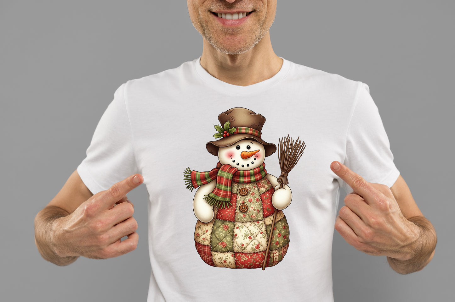 Vintage Patchwork Snowman Christmas Broom PNG