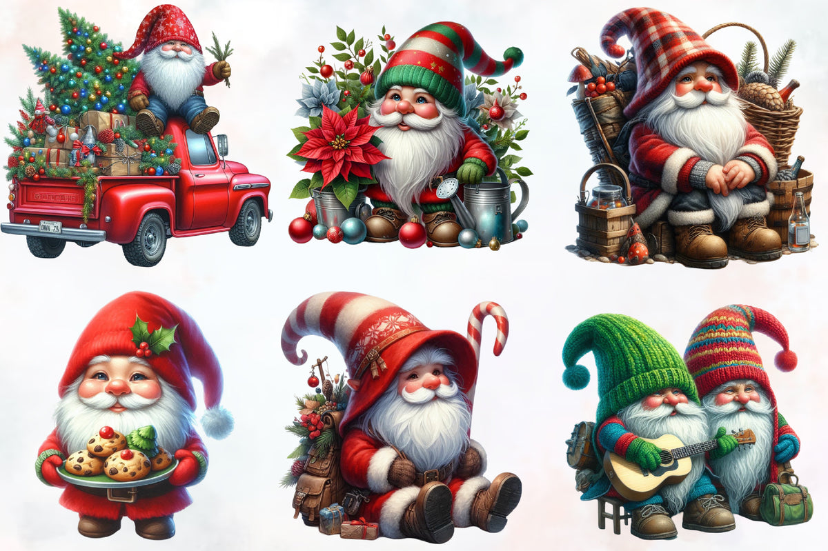 14 Christmas Gnomes PNG Clipart Bundle Watercolor Holiday Gnome Sublimation