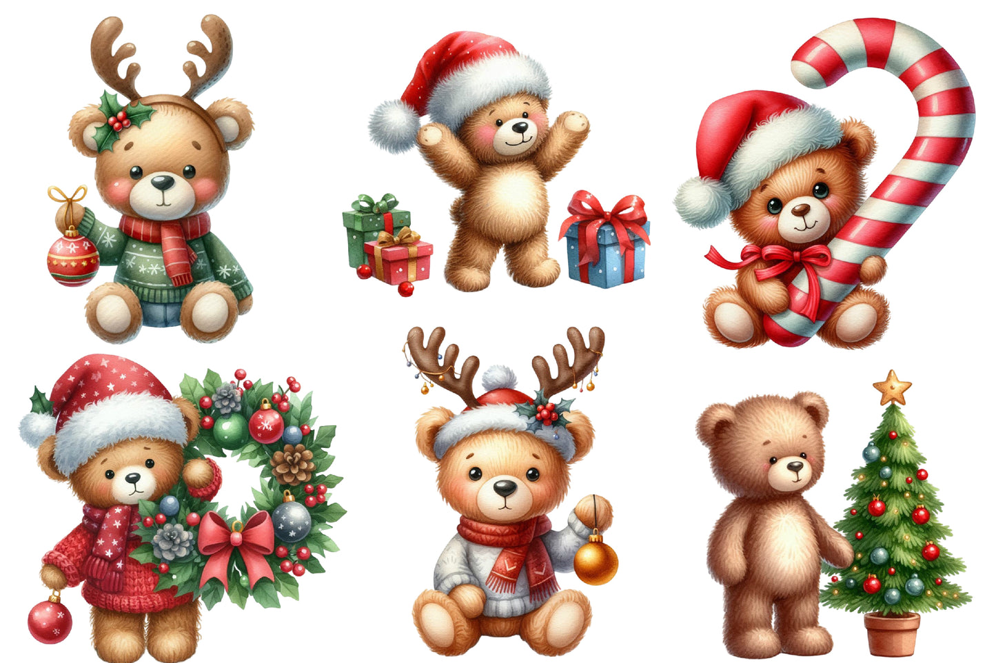 Teddy Bear Christmas Watercolor Clipart PNG Bundle | Christmas Teddy Bear PNG | Cute Bear Sublimation