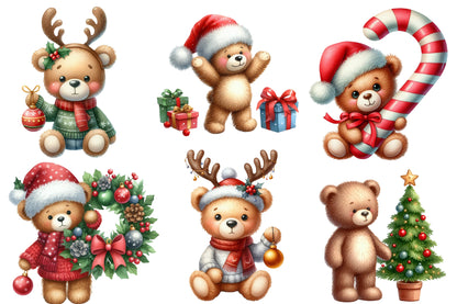 Teddy Bear Christmas Watercolor Clipart PNG Bundle | Christmas Teddy Bear PNG | Cute Bear Sublimation