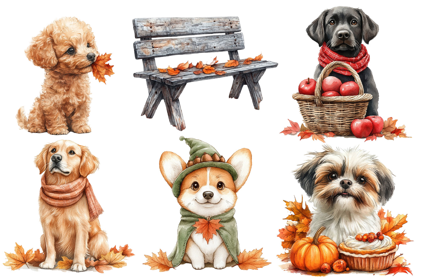 Watercolor Autumn Dog Clipart PNG Bundle | Cute Fall Dogs, Pumpkin, Scarf, Leaves & Cozy Puppy Sublimation