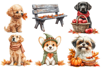 Watercolor Autumn Dog Clipart PNG Bundle | Cute Fall Dogs, Pumpkin, Scarf, Leaves & Cozy Puppy Sublimation