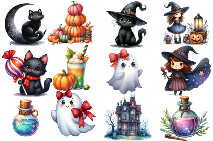 Halloween Season Clipart PNG Bundle | 53 Cute Halloween Witch Ghost Pumpkin Clipart