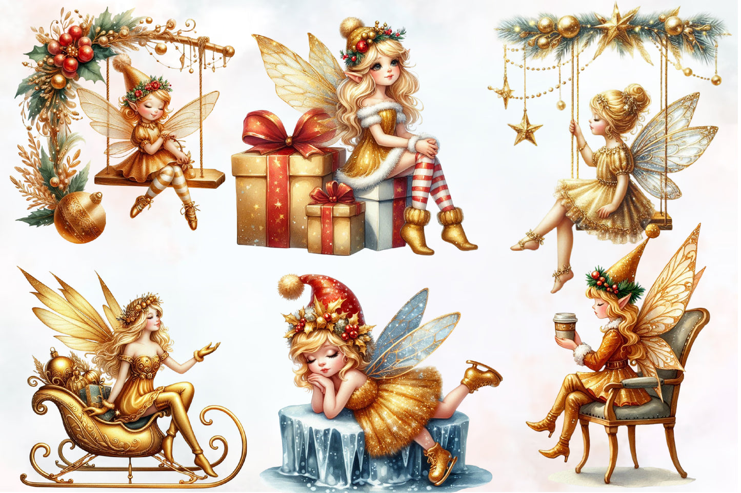 Christmas Gold Fairy PNG Bundle | Watercolor Christmas Fairy, Golden Fairy & Winter Holiday Girl Clipart