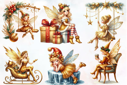 Christmas Gold Fairy PNG Bundle | Watercolor Christmas Fairy, Golden Fairy & Winter Holiday Girl Clipart