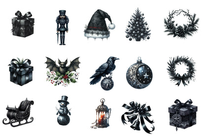 Black Dark Christmas Clipart PNG Bundle | Gothic Watercolor Christmas Clipart | Moody Holiday PNG