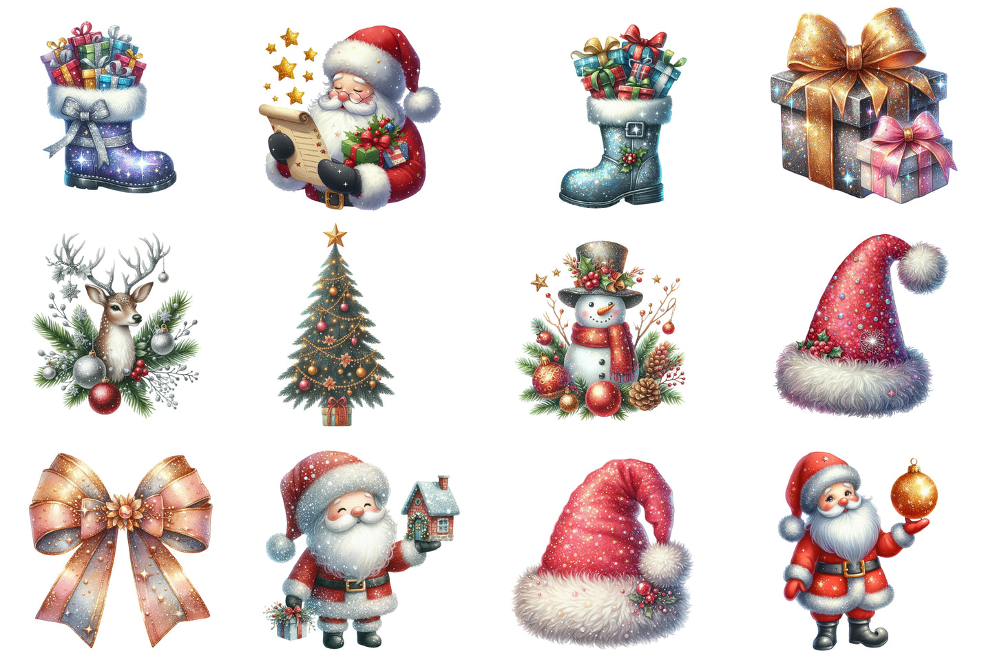 Glittering Christmas Watercolor Clipart PNG Bundle | Santa Claus Christmas PNG | Glitter Holiday Sublimation