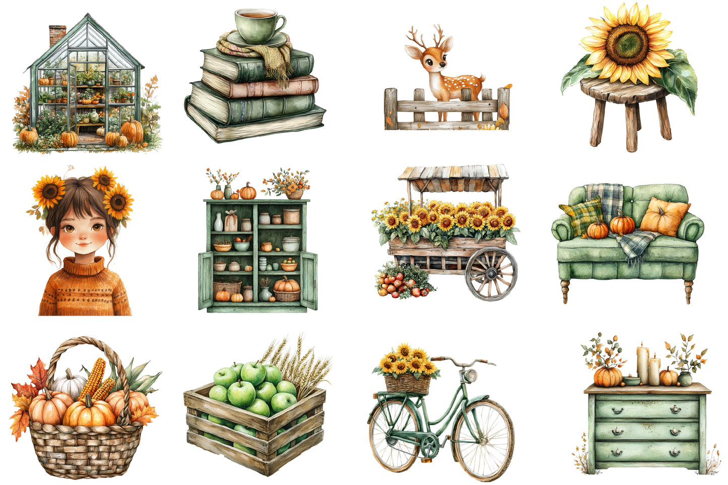 Green Autumn Clipart PNG Bundle | Cozy Fall Cottage Clipart, Autumn Garden PNG