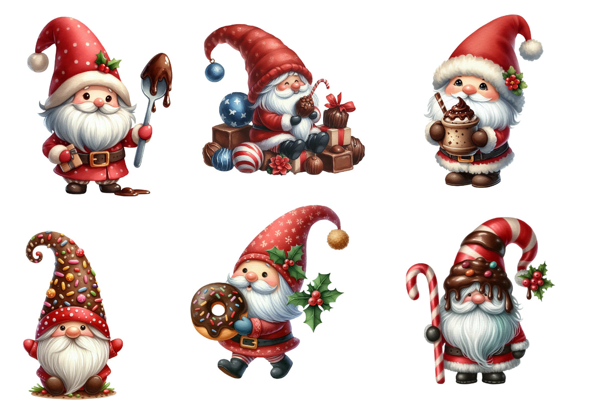 Christmas Gnome Clipart PNG Bundle | Cute Santa Gnomes, Gingerbread, Chocolate, Candy Cane & Christmas Gift Clipart