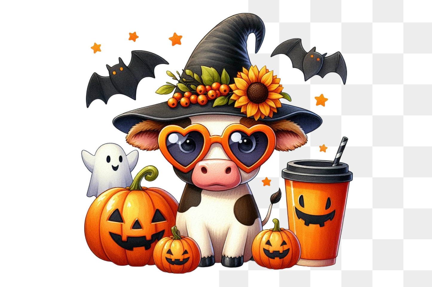 Cute Halloween Cow Witch Hat Pumpkin PNG