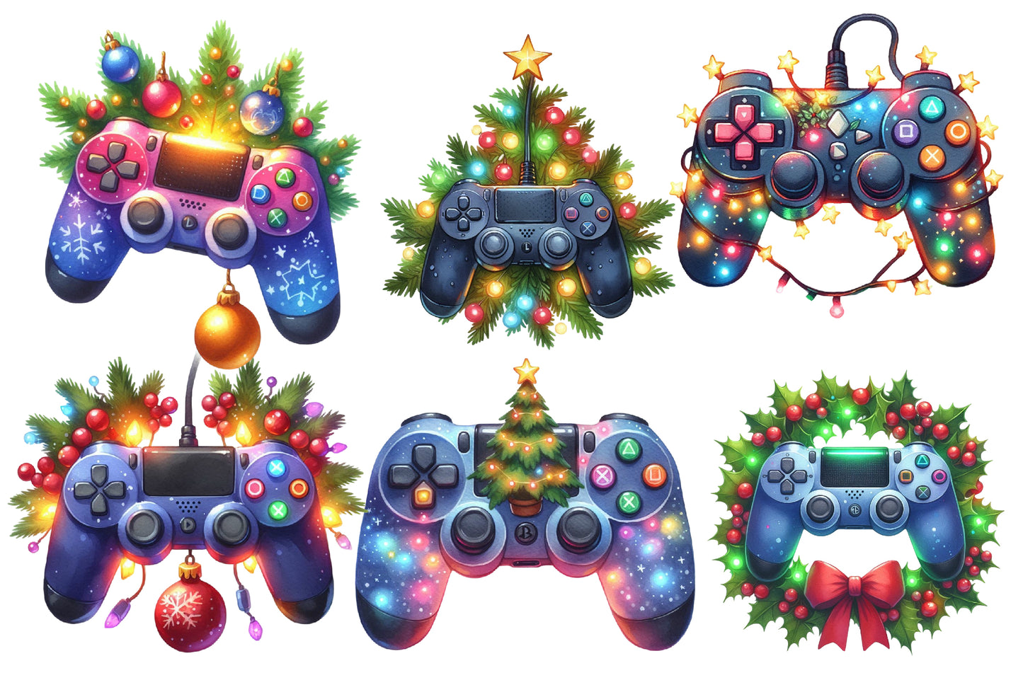Christmas Gaming Controllers Clipart PNG Bundle | Watercolor Festive Game Controller Clipart | Gamer Christmas Sublimation PNG