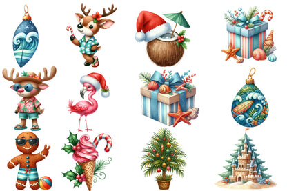 Summer Christmas Watercolor Clipart PNG Bundle | Tropical Christmas PNG | Beach Santa Sublimation