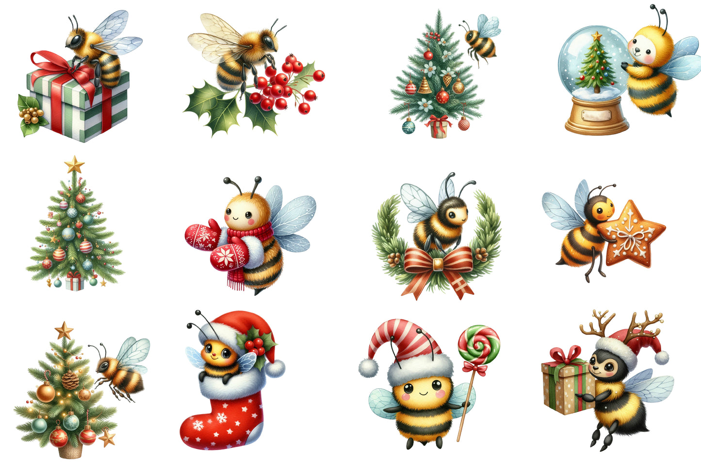 Christmas Bee Clipart PNG Bundle | Watercolor Cute Christmas Bee Clipart | Festive Holiday Bee PNG
