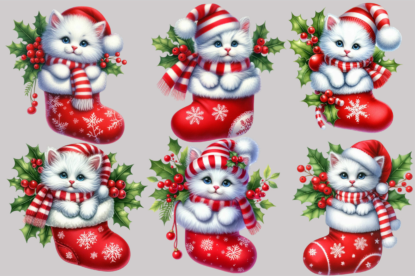 Christmas Cat Stocking Clipart PNG Bundle | Watercolor Christmas Cats, Red Stockings, Santa Hats, Scarf & Holly Berry