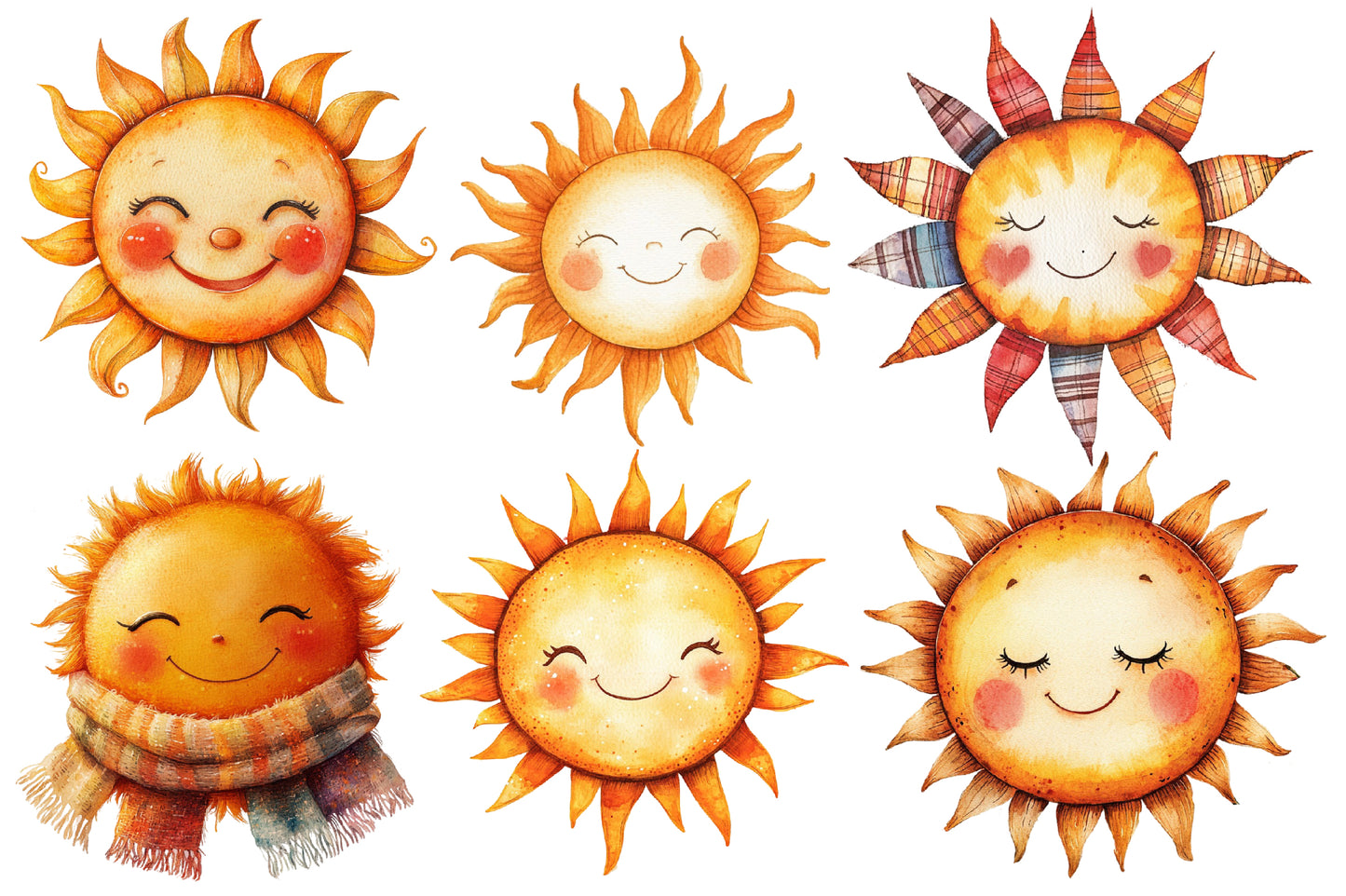 Cute Autumn Sun Watercolor Clipart PNG Bundle | Fall Sun Clipart, Sunflower PNG,
