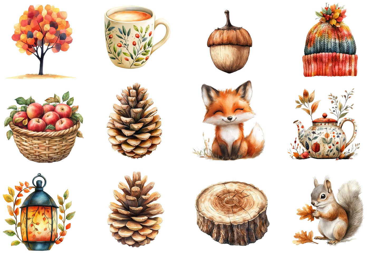 Scandi Autumn Watercolor Clipart PNG Bundle | Scandinavian Fall Clipart | Cozy Autumn Sublimation PNG
