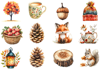 Scandi Autumn Watercolor Clipart PNG Bundle | Scandinavian Fall Clipart | Cozy Autumn Sublimation PNG