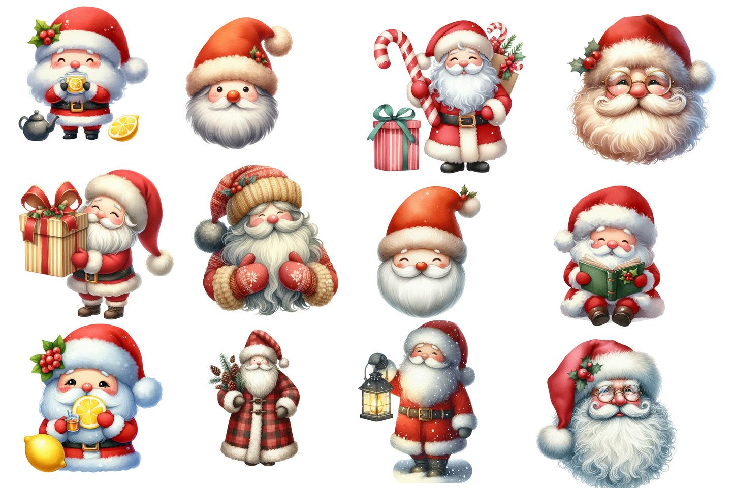 Adorable Santa Clipart PNG Bundle | Cute Watercolor Santa Claus Clipart | Festive Holiday Santa PNG