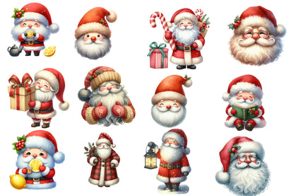 Adorable Santa Clipart PNG Bundle | Cute Watercolor Santa Claus Clipart | Festive Holiday Santa PNG