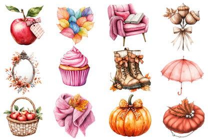 Coquette Autumn Clipart PNG Bundle | Pink Fall Clipart, Girly Autumn PNG