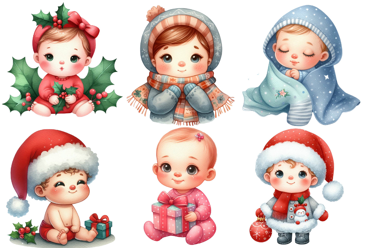 Christmas Babies Clipart PNG Bundle | Watercolor Christmas Baby, Santa Baby, Angel, Snowman, Gifts & Winter Baby Clipart