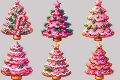 Watercolor Christmas Tree Cookie Clipart PNG Bundle | Cute Pink Christmas Cookie Designs