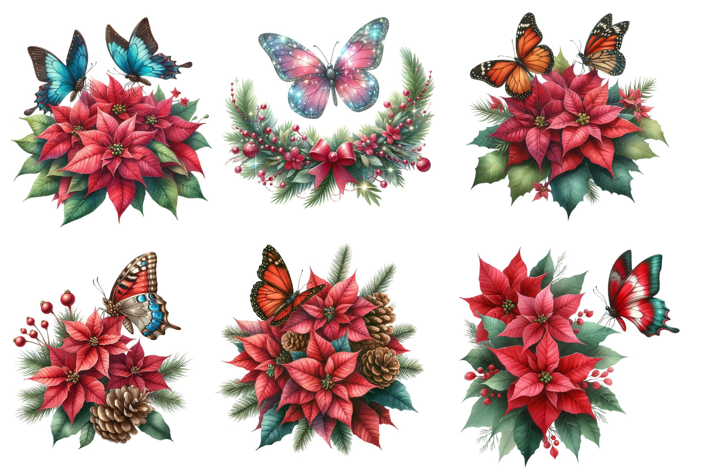 Christmas Butterfly Clipart PNG Bundle | Watercolor Festive Butterfly Clipart | Holiday Butterfly Sublimation PNG