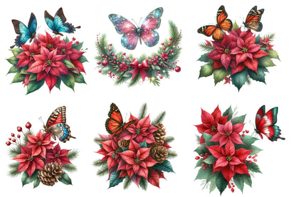 Christmas Butterfly Clipart PNG Bundle | Watercolor Festive Butterfly Clipart | Holiday Butterfly Sublimation PNG