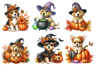 Watercolor Halloween Dogs Clipart PNG Bundle | Cute Spooky Dogs, Pumpkins, Ghosts & Witch Costumes PNG