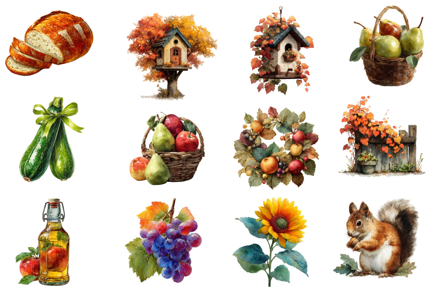 Autumn Watercolor Clipart PNG Bundle | Fall Harvest Clipart | Rustic Autumn PNG | Woodland Fall Sublimation